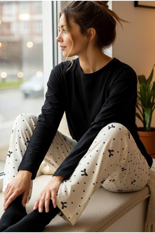 Siyah İnci ecru bow patterned cotton knit pajama set7948