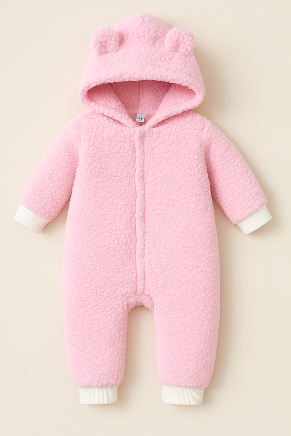 Bubito Kışlık Tatlı Kapşonlu Bebek Peluş Welsoft Tulum-Pembe
