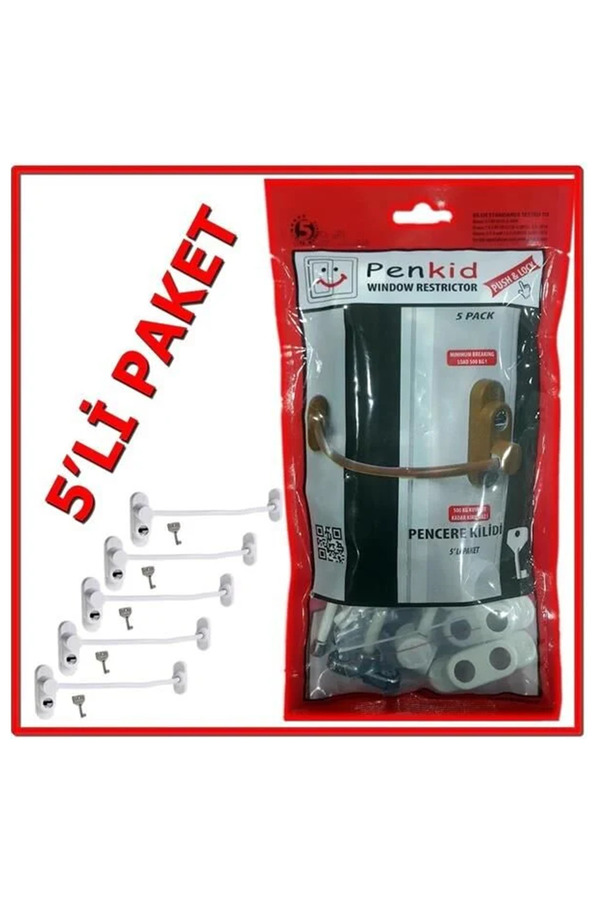 EYM 5 Adet Penkid Anahtarlı Çelik Halatlı Kablolu Pencere Çocuk Güvenlik Kilidi Beyaz
