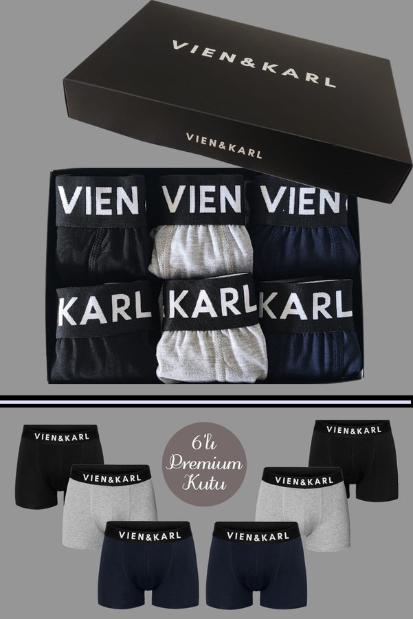 Vien&Karl Men's Black Gray Navy Blue Box of 6 Plain Lycra Boxer Shorts