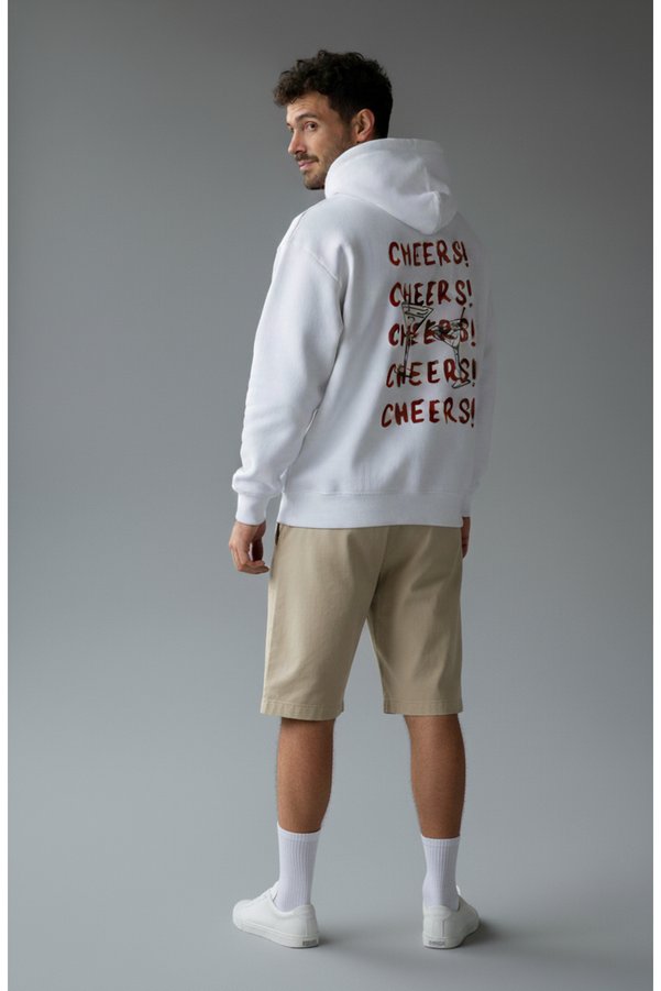 libukes Unisex Oversized Sweatshirt Hoodie Cheers! Printed White – Hooded , Kangaroo Pocket