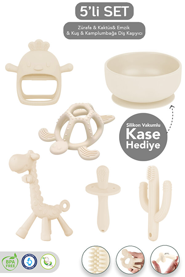 Meleni Baby 5'li Silikon Diş Kaşıyıcı Seti - Vakumlu Kase Hediyeli Hayvan ve Kaktüs Şekilli Dişlik Seti Bej
