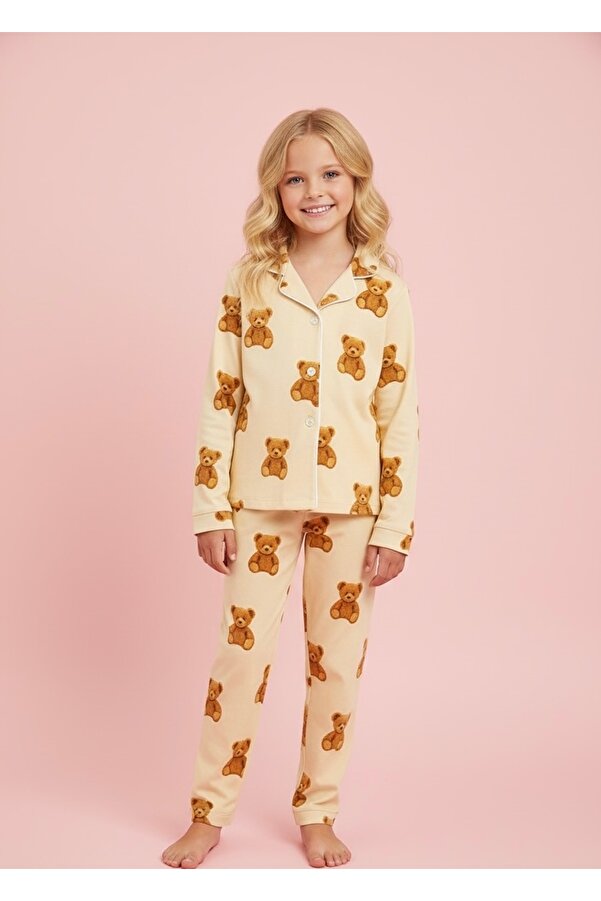Beka Kids Ayıcık Desenli Uzun Kollu Önden Düğmeli Gömlek Yaka Kız Çocuk Pijama Takımı %100 Pamuklu