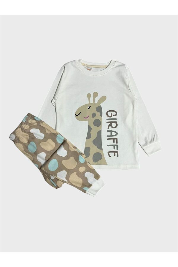 Genel Markalar Kız Çocuk %100 Pamuklu Beyaz Zürafa Desenli Uzun Kollu Pijama Takımı