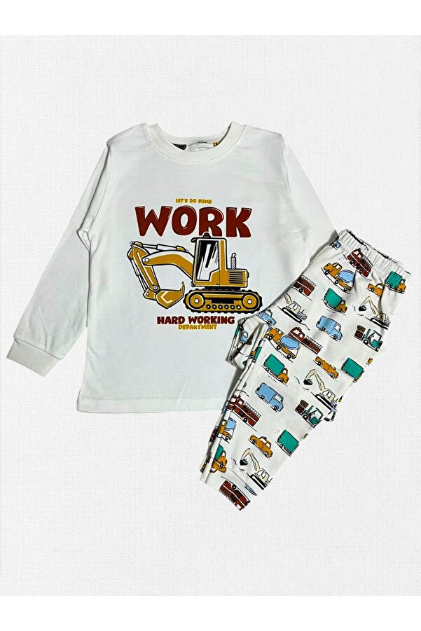 elmas kids Erkek Çocuk %100 Pamuklu Beyaz İş Makineleri Kepçe Desenli Uzun Kollu Kışlık Pijama Takımı
