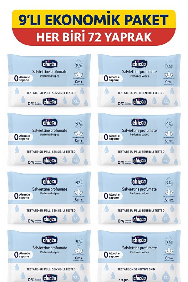 Chicco Parfümlü Islak Mendil %97 Doğal Kaynaklı, Alkol & Sabun İçermez, Lotus Çiçeği Özlü 9x72 Yaprak