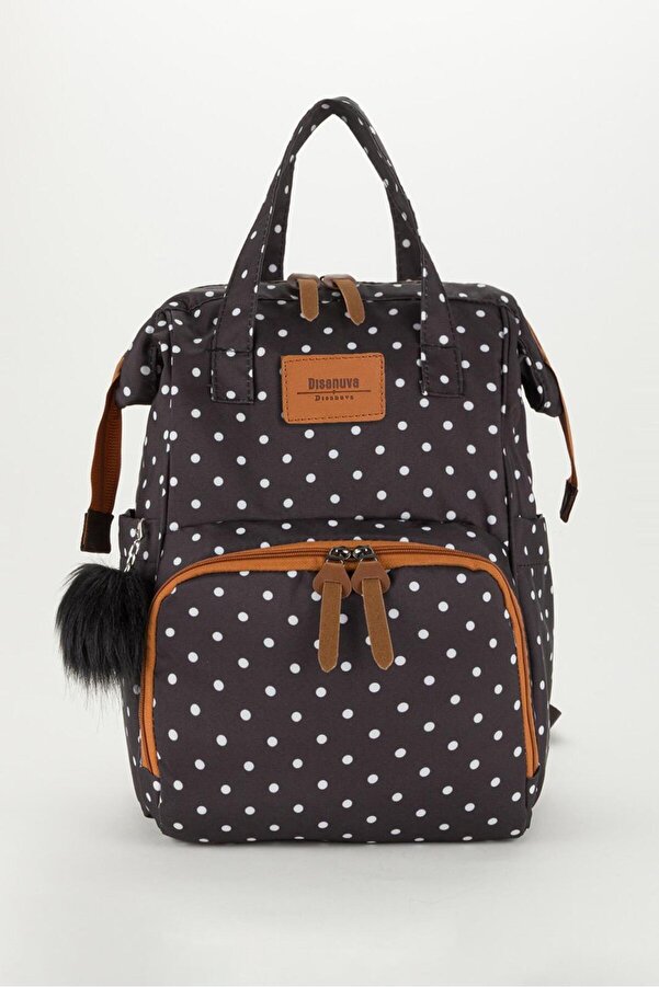 Disanuva Siyah Puantiyeli Termos Gözlü Anne Bebek Bakım Sırt Çantası | Çok Gözlü Organizer-Ponponlu