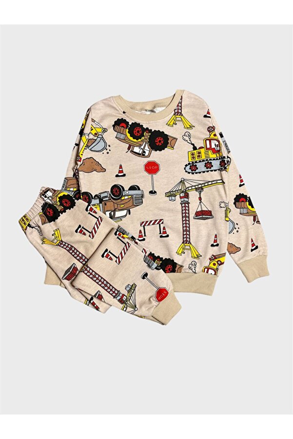 ALİŞ KİDS Erkek Çocuk Pamuklu Şardonlu Bej Rengi İş Makinesi Kamyon Desenli Uzun Kollu Kışlık Pijama Takımı
