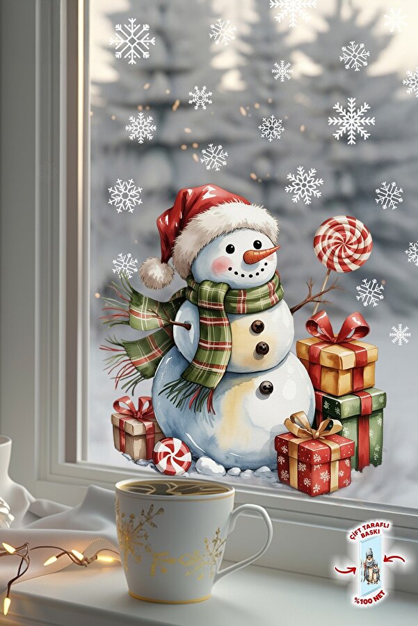 MSticker Kardan Adam Çift Taraflı Cam Sticker Seti – 42 Parça Kar Taneleriyle - Çift Taraflı Yeni Yıl Sticker