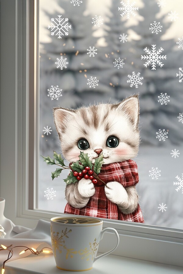 MSticker Şaşkın Kedi & Kar Taneleri Cam Süsü – Çift Taraflı Baskı %100 Net Görünüm - Yılbaşını Bekleyen Kedi