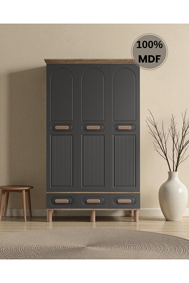 Home Comiet Perry 3 Kapaklı MDF Çekmeceli Antrasit Gardırop