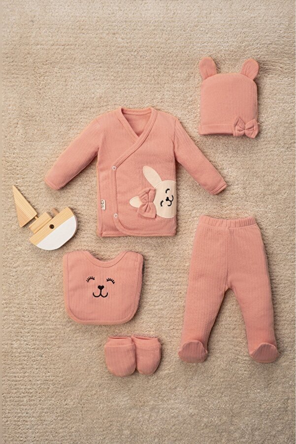 TİNY GOLDEN Neşeli Bebekler Organik Kumaş Somon 5'li  Yenidoğan Hastane Çıkışı