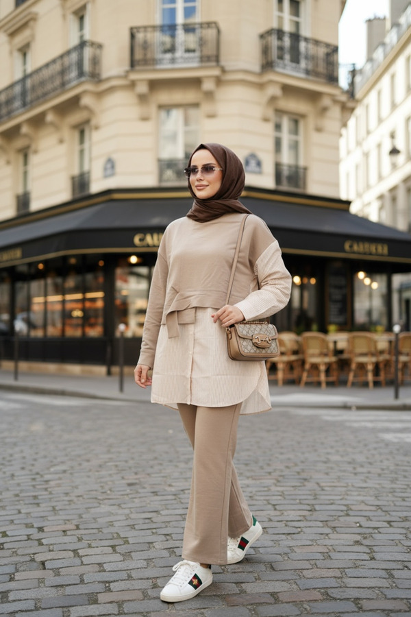 ASEL FASHİON Women's Modest Laures Shirt Two-Piece Set Beige