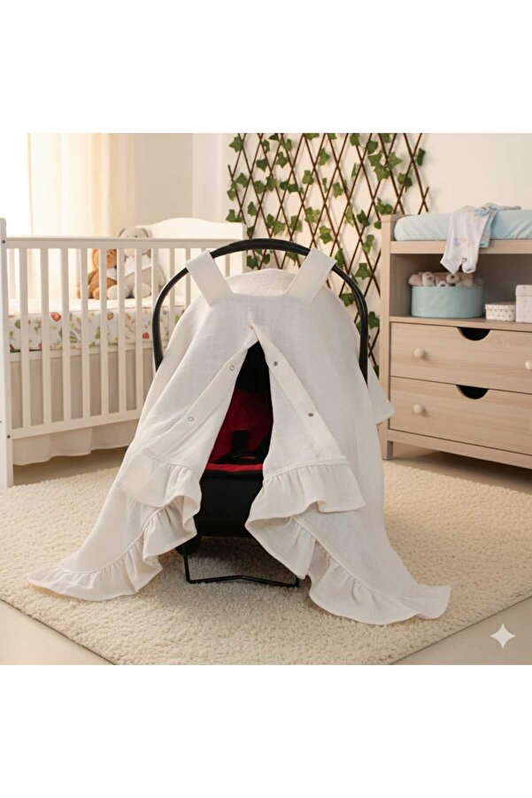 SerSev %100 Pamuk Müslin Kumaş Puset Örtüsü Çıt Çıt ve Fırfır Desenli Krem Rengi Puset Örtüsü