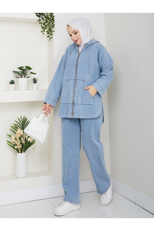 Pamuk Butik Women's Loose Two-Piece Denim Set with Pants