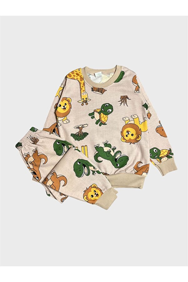 ALİŞ KİDS Erkek Çocuk Pamuklu Şardonlu Bej Rengi Safari Desenli Uzun Kollu Kışlık Pijama Takımı