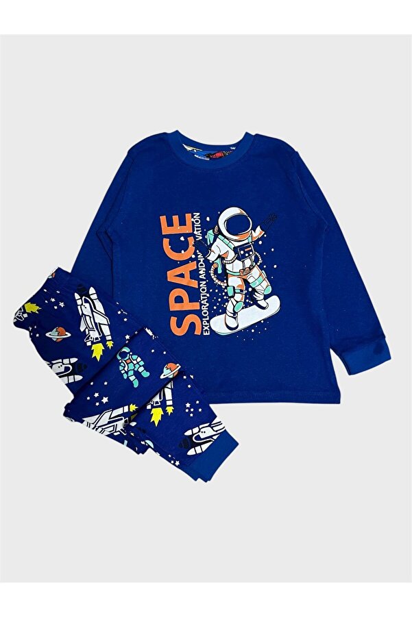 elmas kids Erkek Çocuk %100 Pamuklu Saks Mavisi Astronot Desenli Uzun Kollu Pijama Takımı
