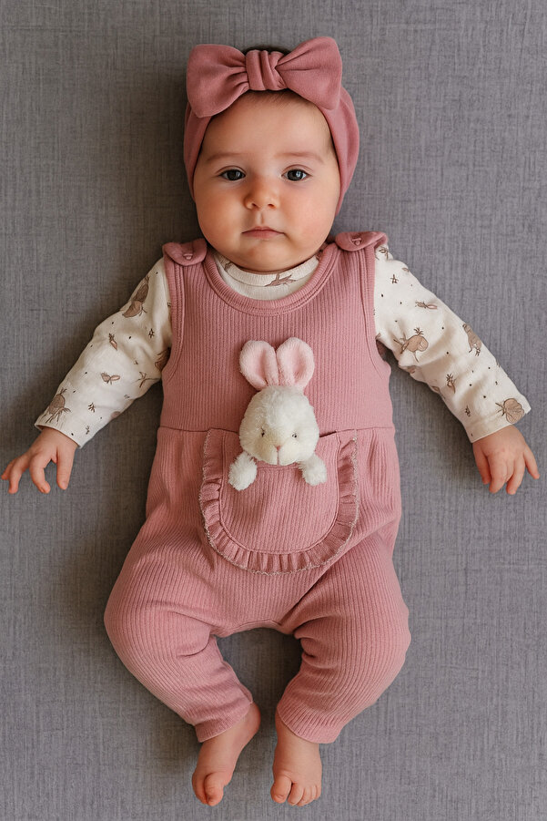 MYZİ STORE %100 Pamuk Cilt Dostu KIZ Bebek Tulum Seti – Ayıcık Cepli, İç Bodyli