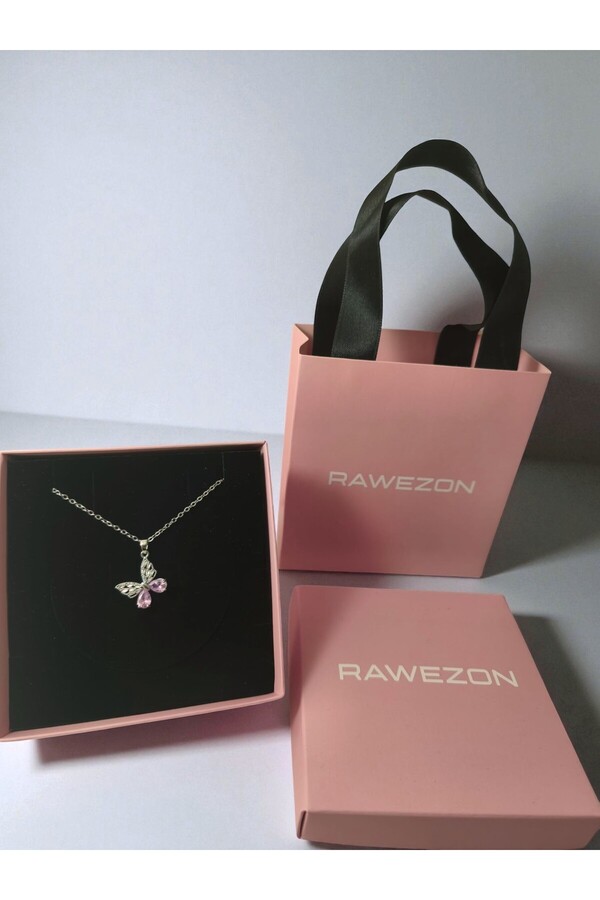 RAWEZON Pembe Kutulu ve Çantalı Pempe Taşlı Çelik Kelebek Kolye -Sevgiliye Hediye Doğum Günü Arkadaşa