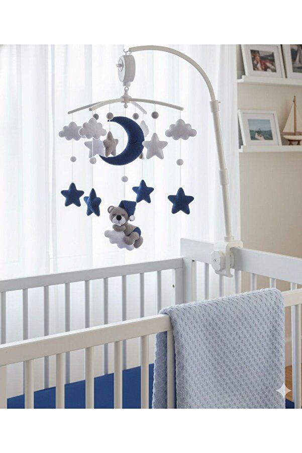 Leobabyroom Lacivert Gri Beyaz Renk Kombinli Kız/erkek Bebek/çocuk Odası Kurmalı Müzikli Beşik Dönencesi