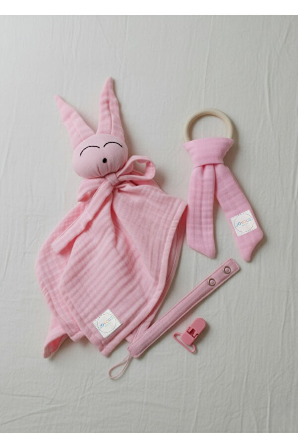 Joyous Mom Kids Hoş Geldin Bebek Seti 3'lü %100 Pamuk Müslin Set Diş Kaşıyıcı Emzik Askısı Uyku Arkadaşı Yenidoğan