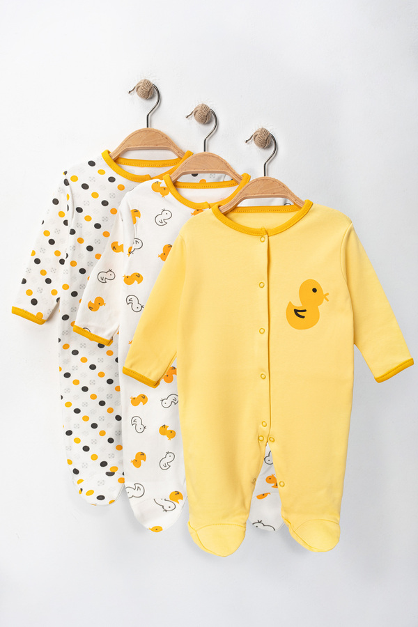 ENİA BABY Erkek Kız Bebek Kıyafeti Ördek Desenli %100 Pamuklu Patikli Mevsimlik Renkli 3lü Tulum Set Yenidoğan