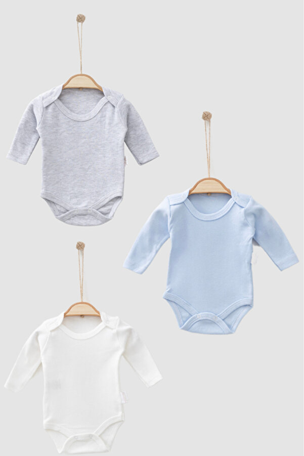 Bamoola %100 Organik Pamuklu Düz Erkek 3'lü Atlet Body Zıbın - Uzun Kollu - Çıtçıtlı (Mavi - Gri- Beyaz)