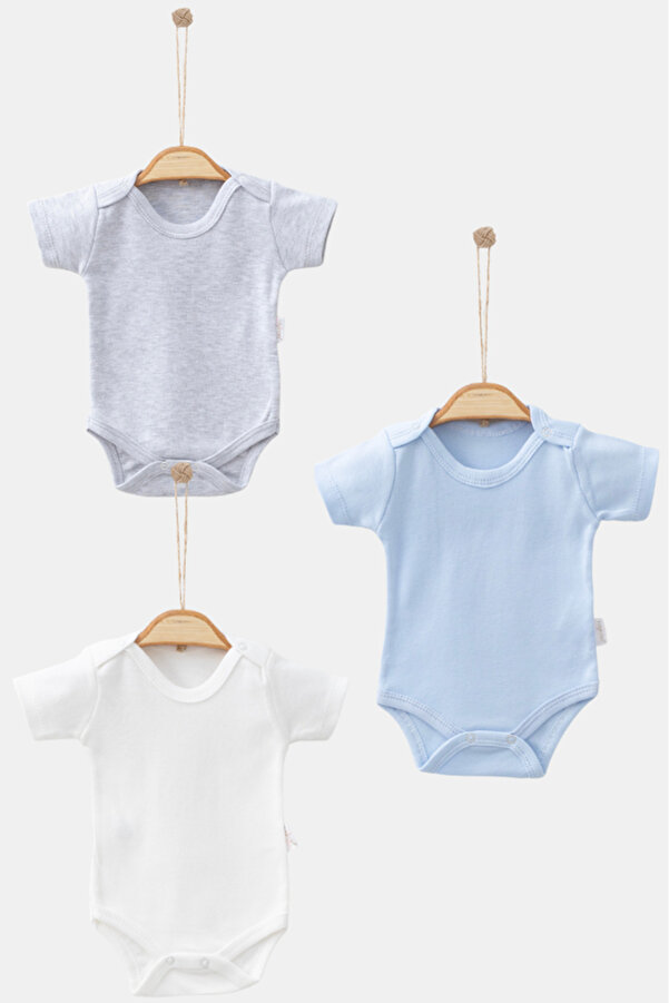 Bamoola %100 Organik Pamuklu Düz Erkek 3'lü Atlet Body Zıbın - Kısa Kollu - Çıtçıtlı (Gri - Mavi - Beyaz)