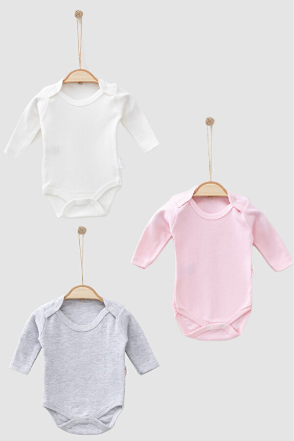 Bamoola %100 Organik Pamuklu Düz Kız 3'lü Atlet Body Zıbın - Uzun Kollu - Çıtçıtlı (Pembe - Gri - Beyaz)