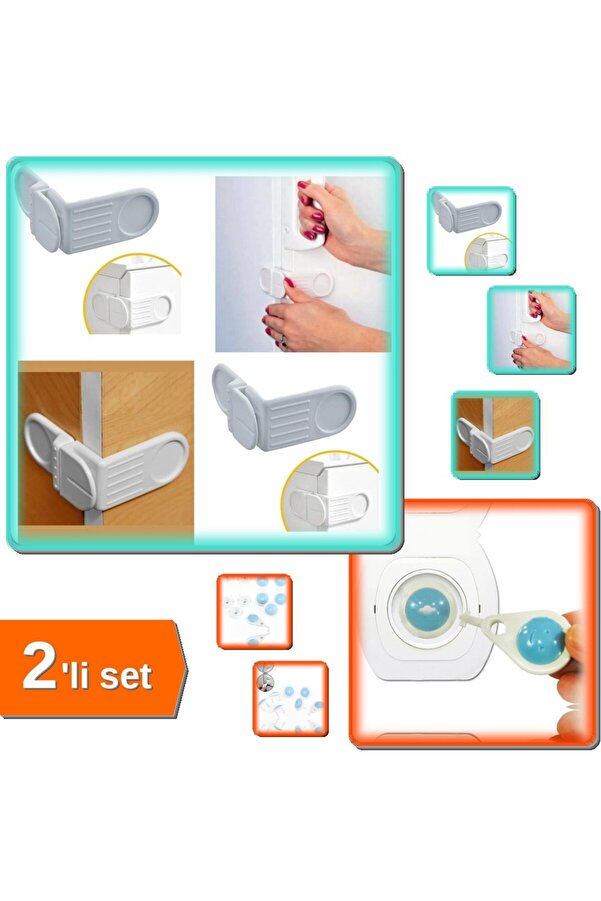 HerEveOyuncak Dolap İçin Çekmece Köşe Kapak Kilidi + Anahtarlı Çocuk Koruma Priz Kilidi 6 Adet - 2li Set Y8N6U2