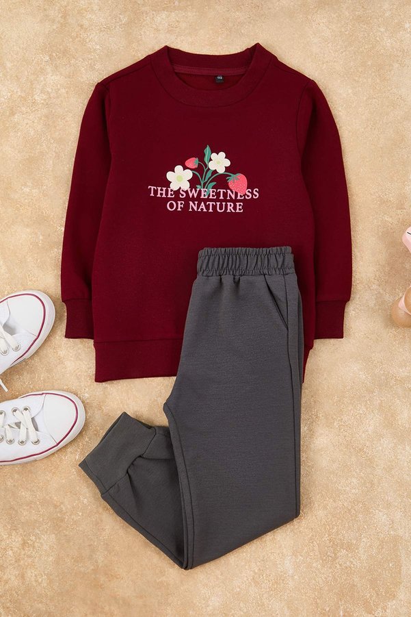 TRENDYOLKIDS Burgundy Cotton Floral Printed Girls Knitted Sweatshirt and Sweatpants Bottom - Top Set Tkdaw25Au00161