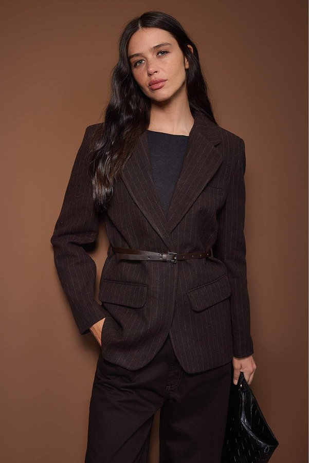 Trendyol Collection Brown Melton Striped Belted Woven Blazer Jacket TWOAW26BC00072