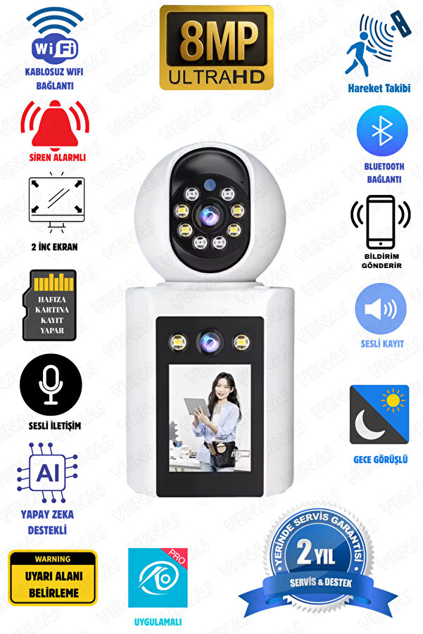 Venas Çift kameralı Monitörlü Full HD Alarmlı ev ofis bebek Güvenlik kamerası