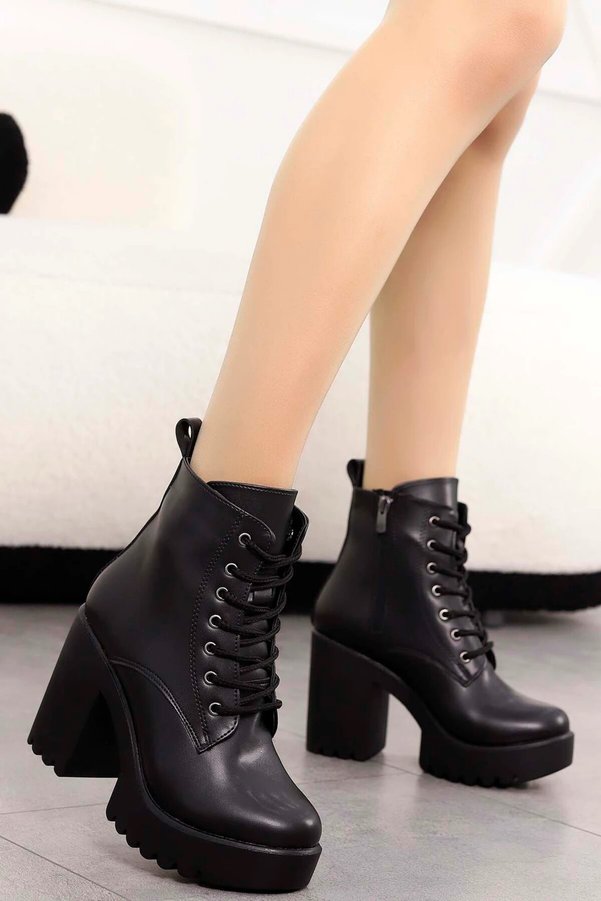 Mamito Ayakkabı Jvl 207 Lace-Up Detail High Heel Boots-Black-Leather