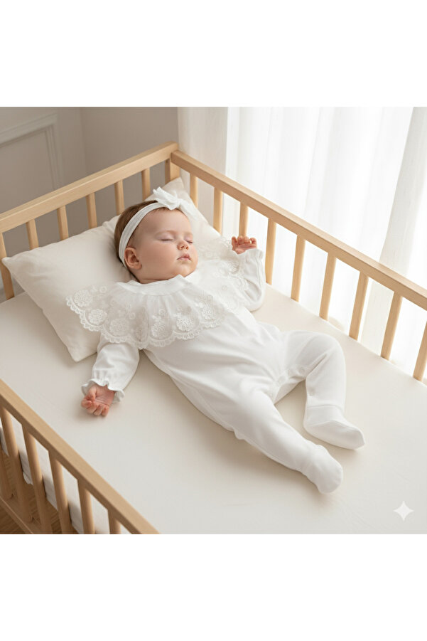 Miniday Baby Kız Bebek Mevlütlük Tulum Bandanalı Dantel Detaylı