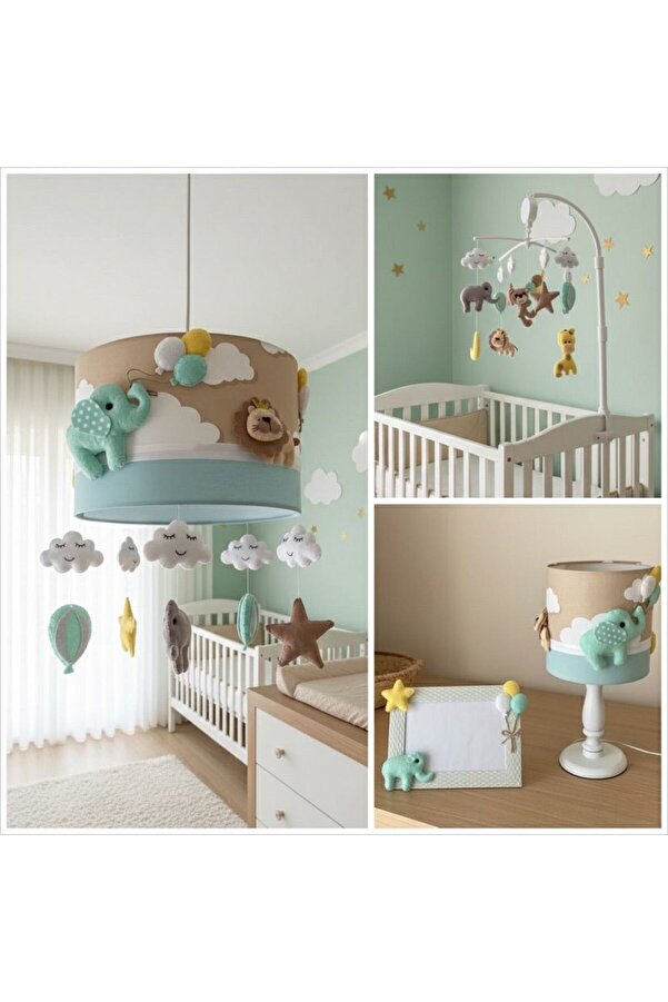 Leobabyroom Kahve Bulutlu Mint Renkli Hayvan Figürlü Bebek Odası Avize Abajur Çerçeve Dönence Tasarım Set