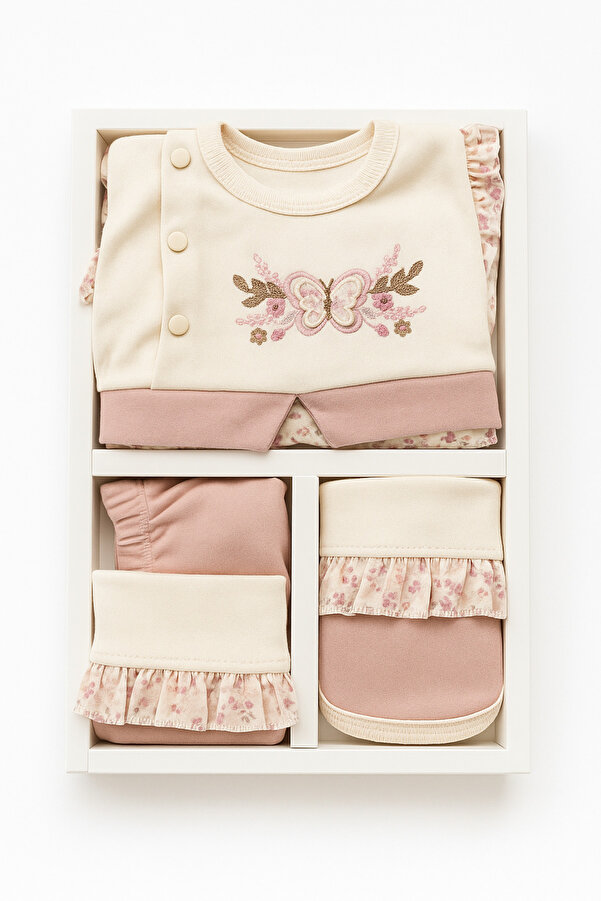 VERONA TARZ Kız Bebek Kutulu Kelebekli 5li Hastane Çıkış Seti 50-56cm Lüx Pamuklu