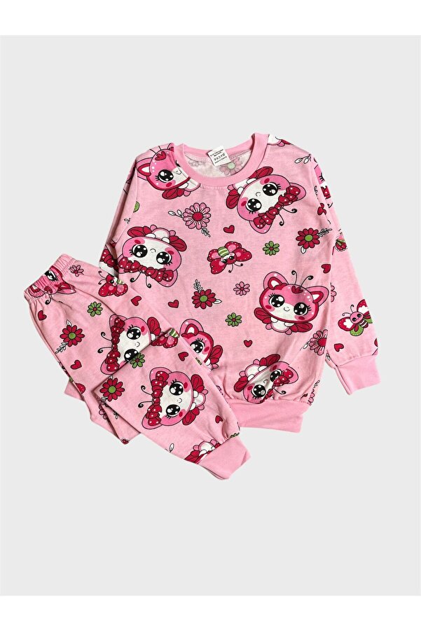 ALİŞ KİDS Kız Çocuk Pamuklu Şardonlu Pembe Kelebek Çiçek Desenli Uzun Kollu Kışlık Pijama Takımı