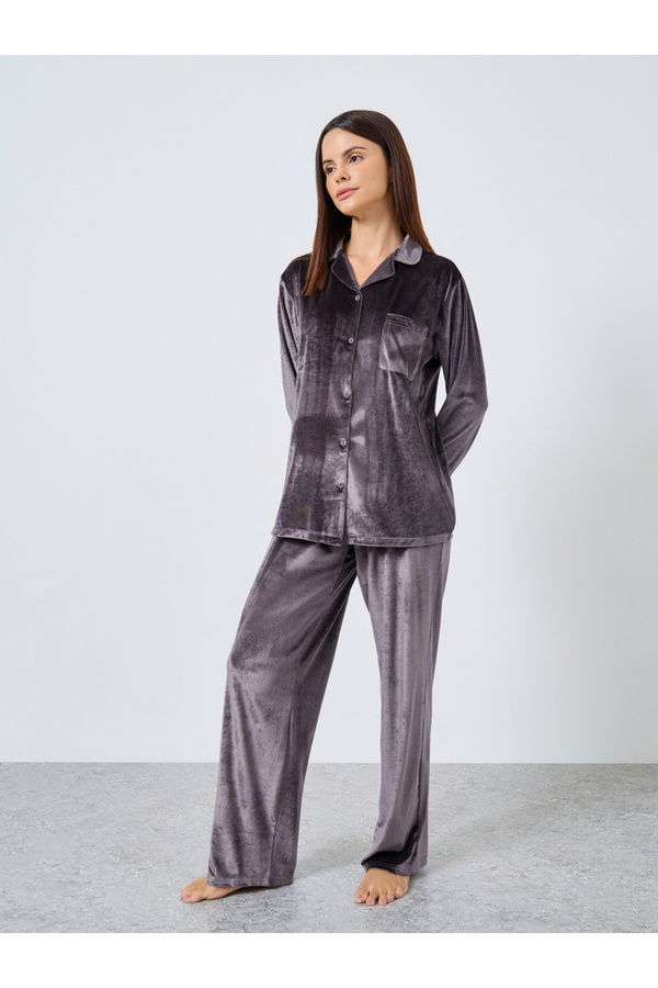 Styli Velvet Button Placket Shirt and Pyjama Set