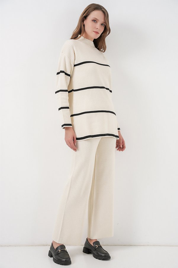 Bigdart Women's Striped Oversized Knitwear Double Set 15959 - Ecru