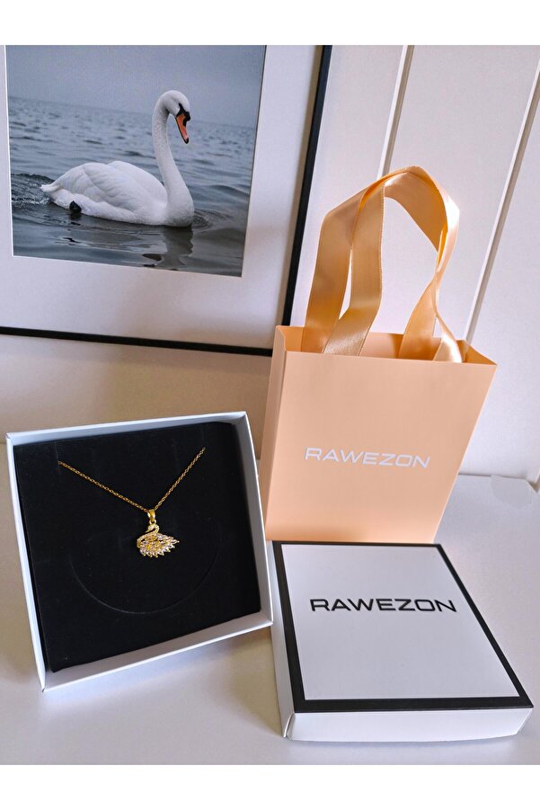 RAWEZON Nerovia Serisi-Çantalı Kutulu Çelik Gold Renk Kuğu Taşlı Kadın Kolye-Sevgiliye Hediye Doğum Günü