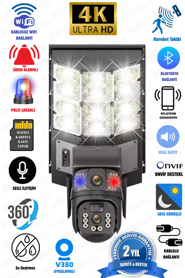 Venas 6MP FullHD Sokak aydınlatmalı 20.000 Mah bataryalı Solar Panelli Hareket sensörlü Projektör kamera