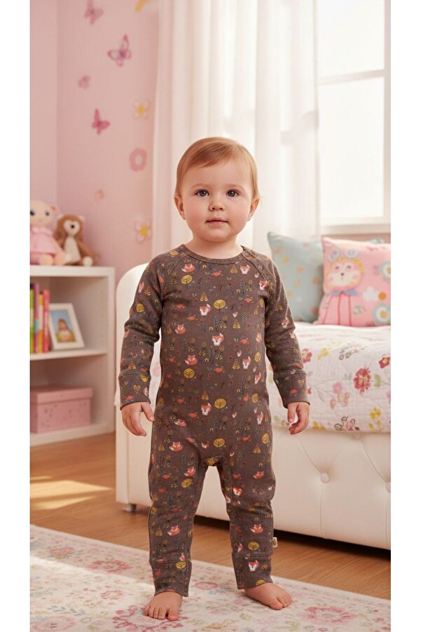 Milk & Muffin Kahverengi Tilki Ve Orman Desenli Uzun Kollu Bebek Tulum