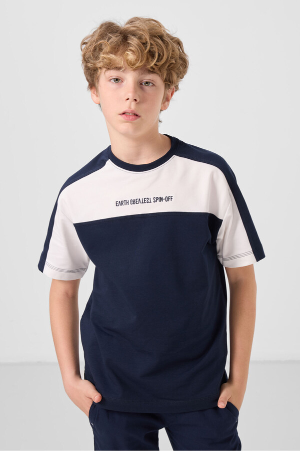Tommy Life Navy Blue Cotton Soft Textured Oversize Fit Embroidered Boys' T-Shirt - 11290