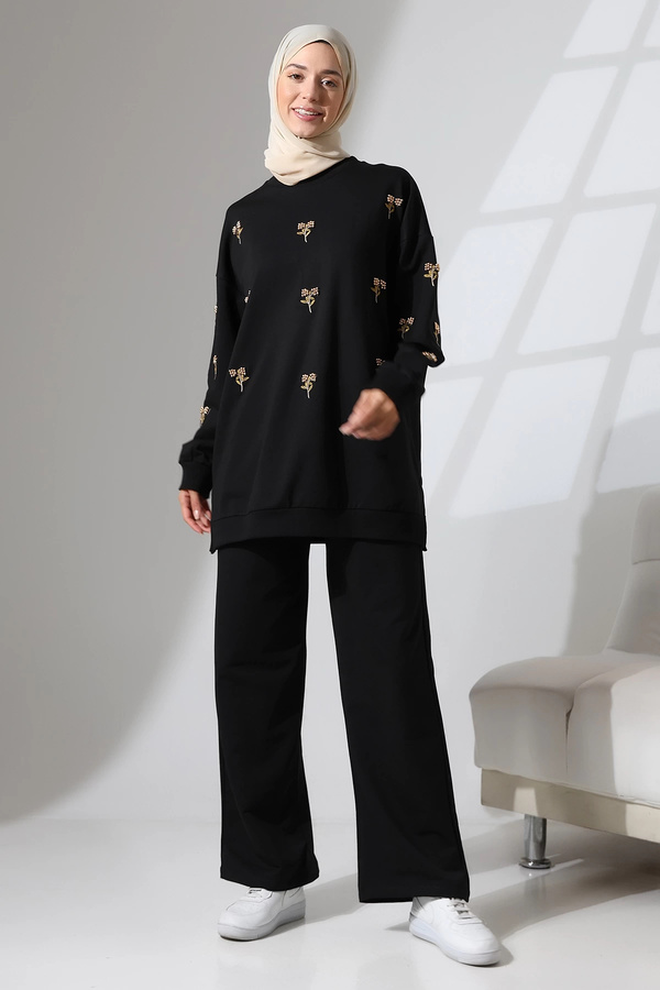 Mihran Butik Women's Black Seasonal Combed Cotton Bottom Top Sports and Comfortable Hijab Suit