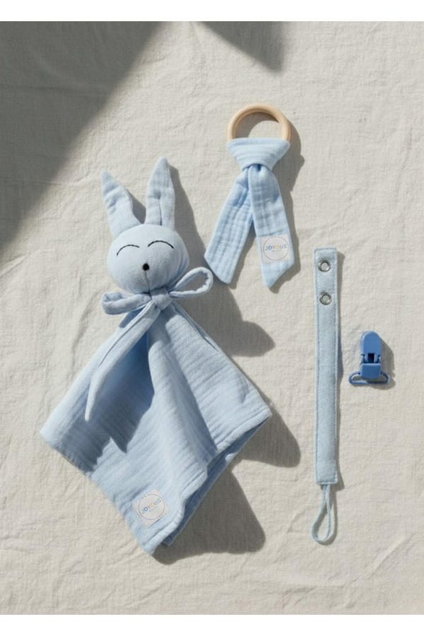 Joyous Mom Kids Hoş Geldin Bebek Seti 3'lü %100 Pamuk Müslin Set Diş Kaşıyıcı Emzik Askısı Uyku Arkadaşı Yenidoğan