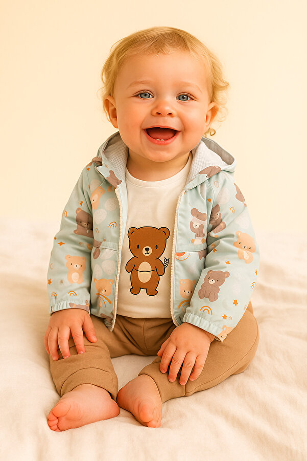 Mai Perla Unisex Ayıcık Desenli Astarlı 3 Parça Yağmurluk Bebek Takımı