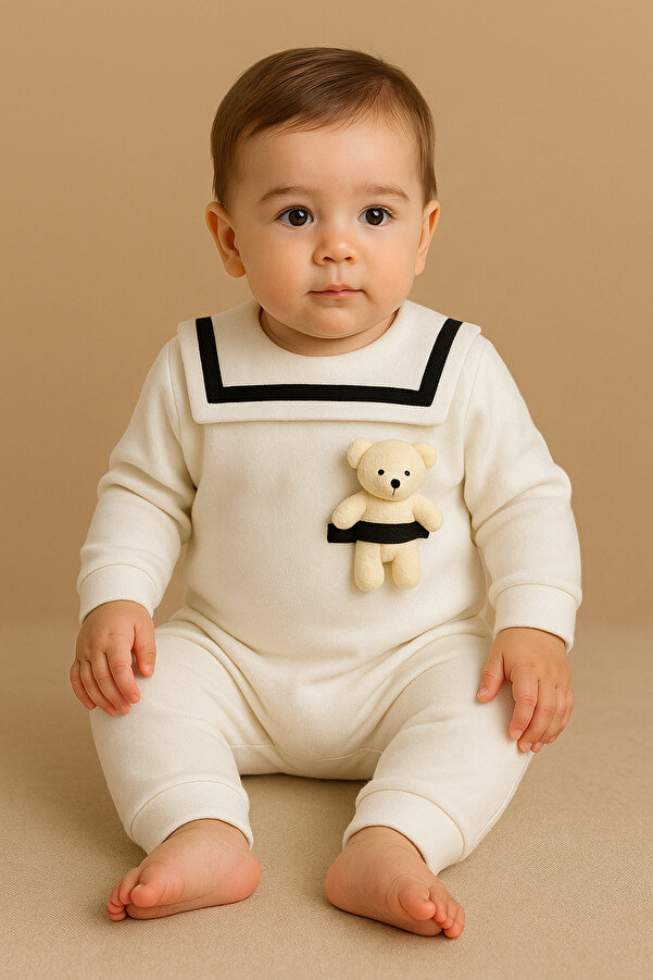 MBK GARDEN Şık Bebek Tulum – Denizci Yaka Ayıcıklı, Geniş Kalıp – MBK GARDEN 3-12 Ay