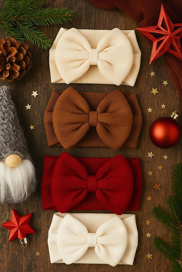 Pico Baby Kız Bebek & Çocuk Fiyonklu Çift Kat Bandana 4'lü Set (Kahverengi/Kırmızı/Krem/Ekru)