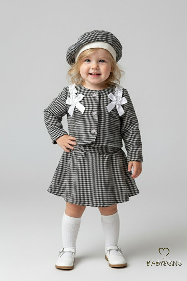 BABYDEN'S Kız Bebek Kışlık Elbise Etek Ceket Şapka Takımı,Oduncu Kumaş Baharlık 3’lü Kombin Düğme ve Fiyonklu